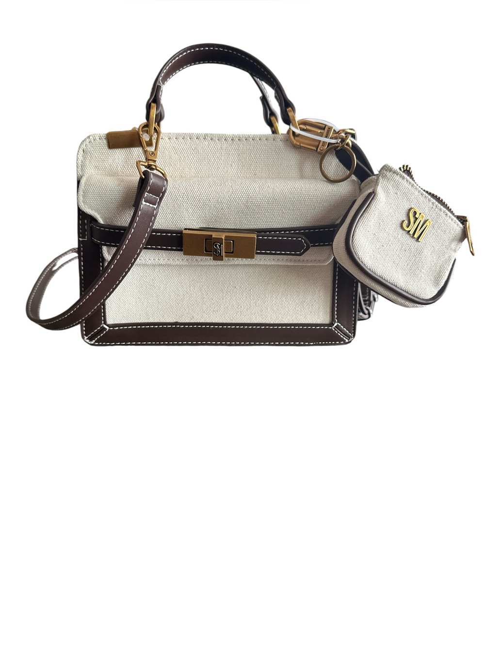 Steve Madden Canvas hand bag Chocolate Brown Trim Birkin Inspired Tote NWT